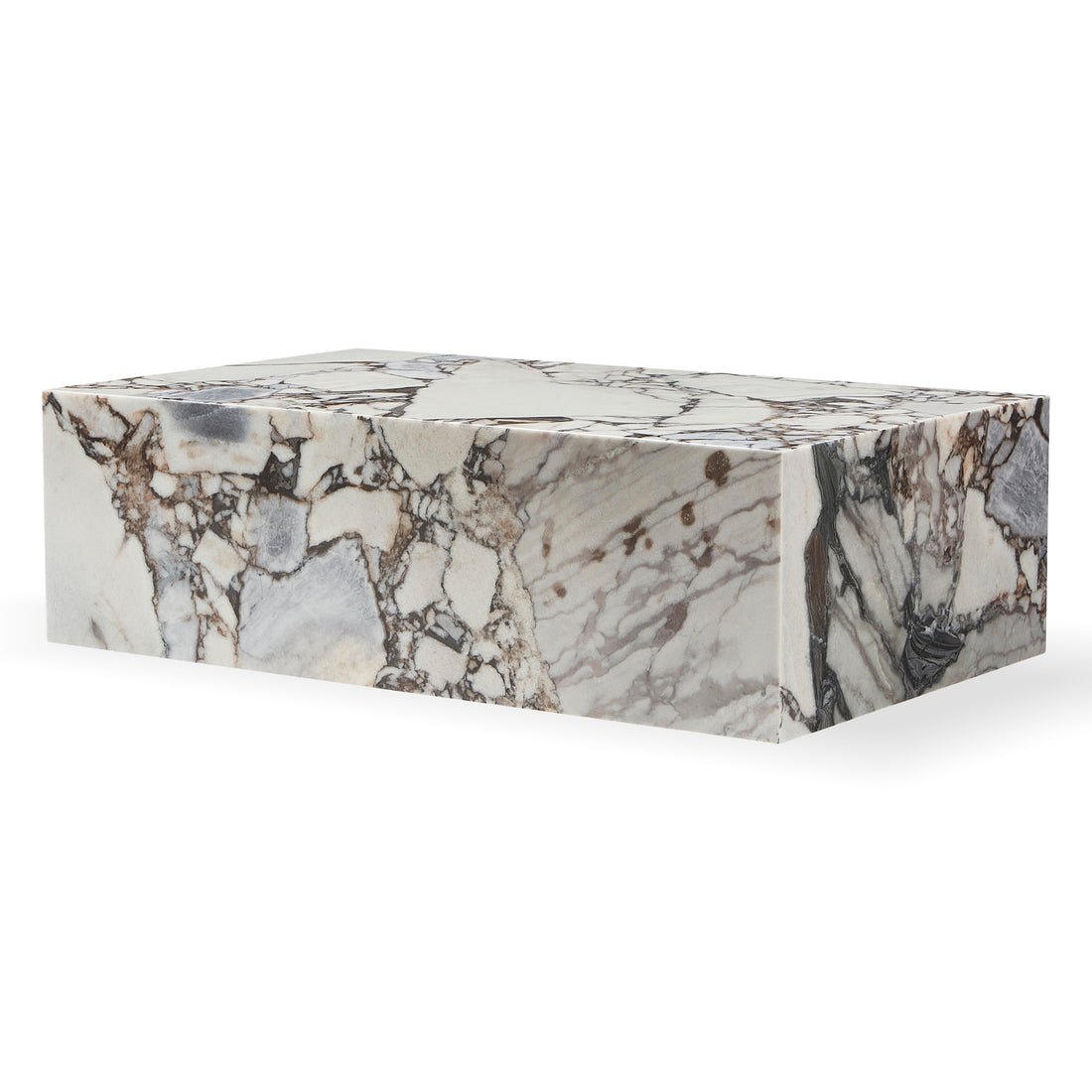 Solene 100cm Coffee Table in Blue Galaxy, showcasing a polished marble slab with unique grey and brown veining, set against a plain white backdrop, highlighting its refined and minimalist design.