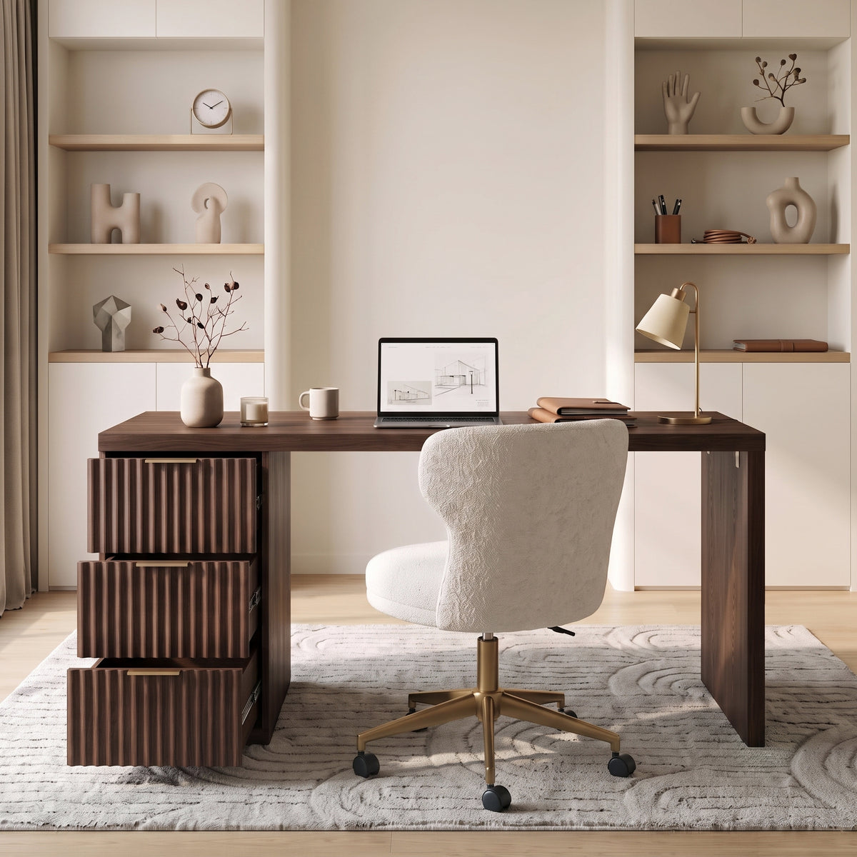 Dark wood desk and white chair in a modern office setting