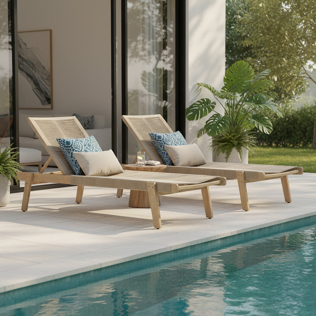 Aureli Hardwood Acacia Reclining Sun Lounger in Beige with woven seats, adjustable positions, and blue-and-white cushions. Positioned poolside with a side table holding a glass of iced water and notepad.