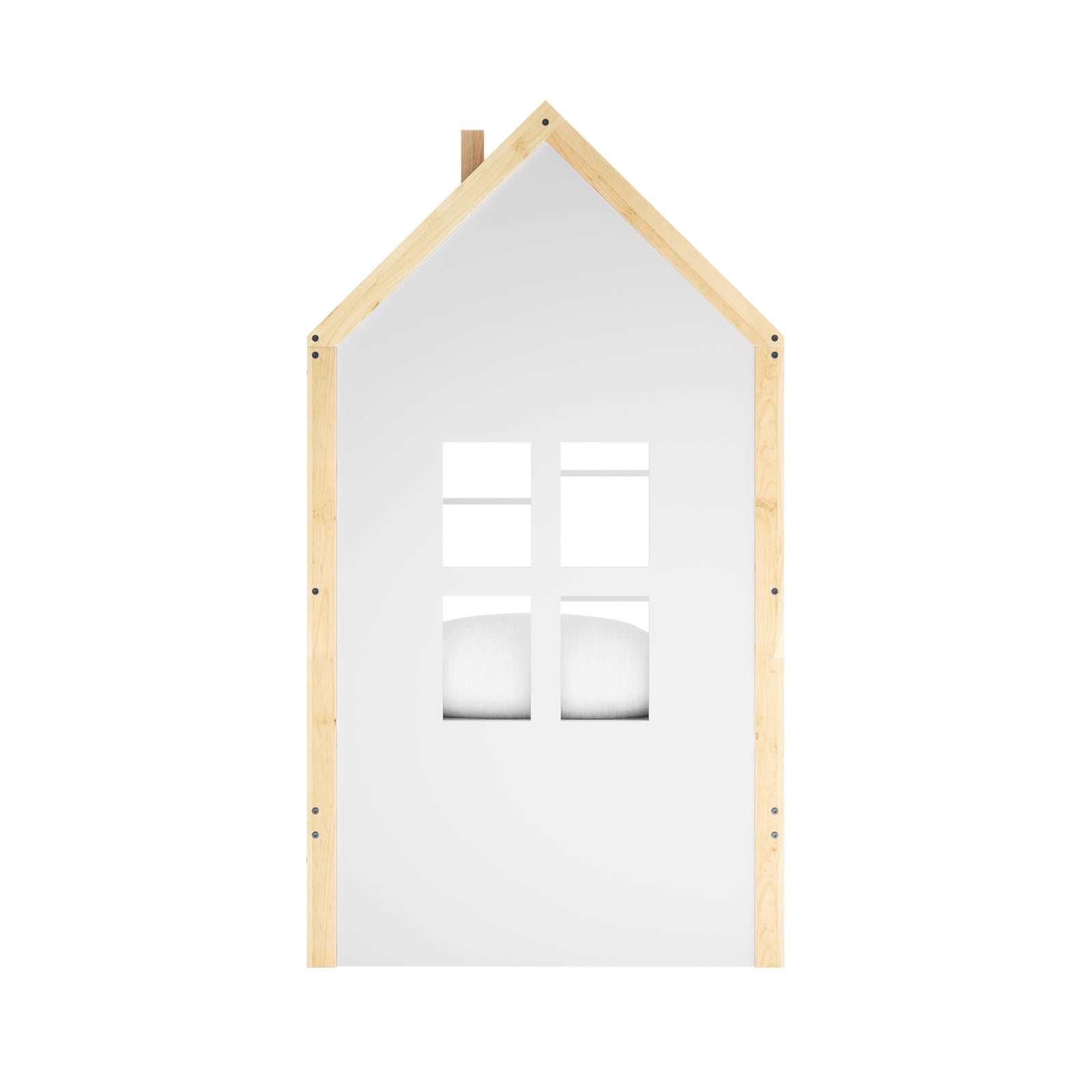 Haron Single Cubby House Bed Storage in White & Natural features a house façade design with a peaked roof, four square windows, and a visible pillow, suggesting use as a bed headboard.