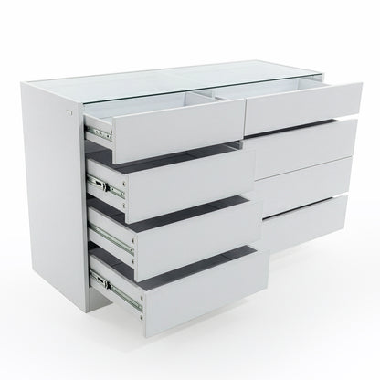 White dresser with six open drawers showing metal slides on white background