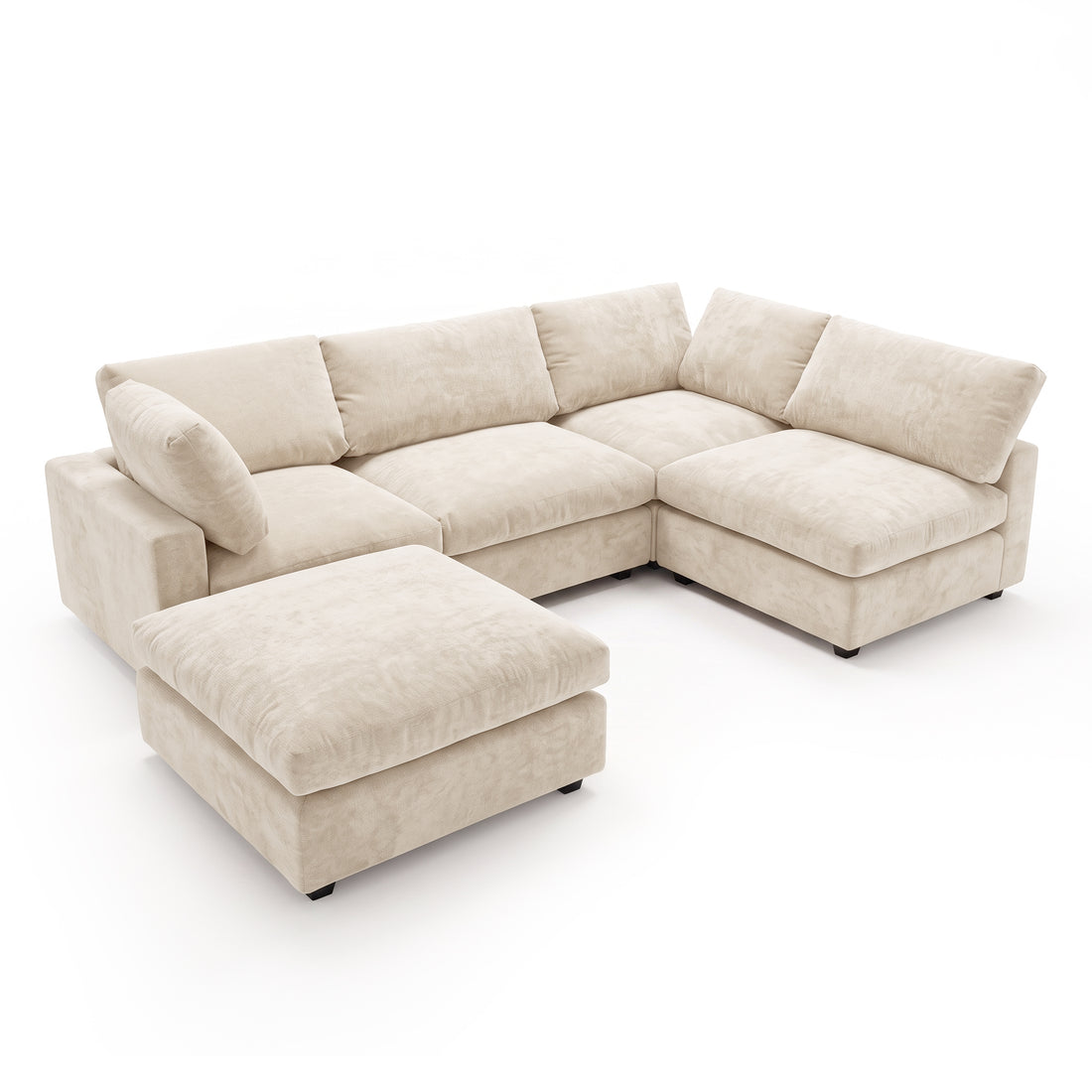 Light beige sectional sofa with ottoman on a white background