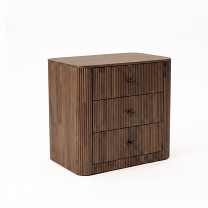 Dark wood three-drawer chest isolated on a white background