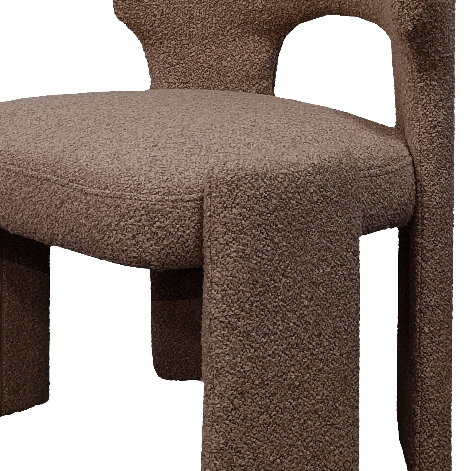 Lunari Bouclé Curved Accent Chair in Brown features a plush, looped fabric upholstery with a rounded, arch-inspired backrest and thick, padded seat and legs, offering a modern, cozy aesthetic.