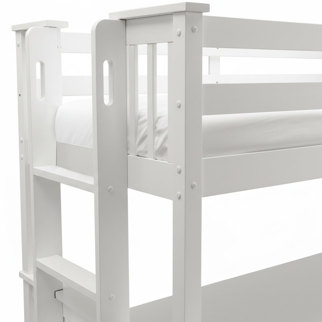 Close-up of upper bunk and ladder of white wooden bed frame on white background