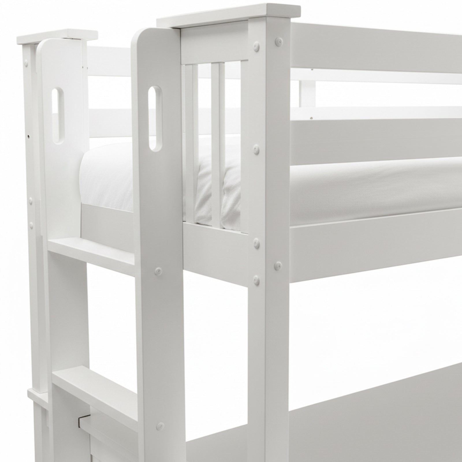 Close-up of upper bunk and ladder of white wooden bed frame on white background