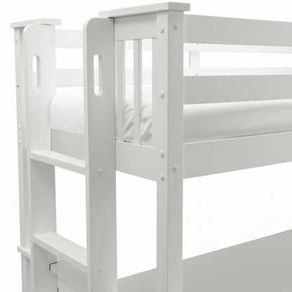 Close-up of upper bunk and ladder of white wooden bed frame on white background