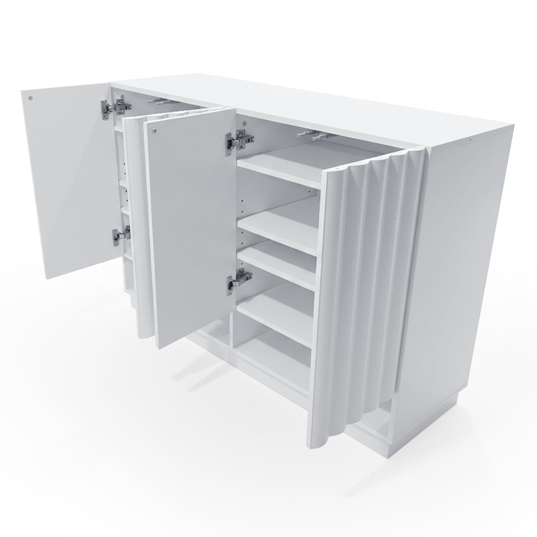 White storage cabinet photographed at an angle on white background with open doors