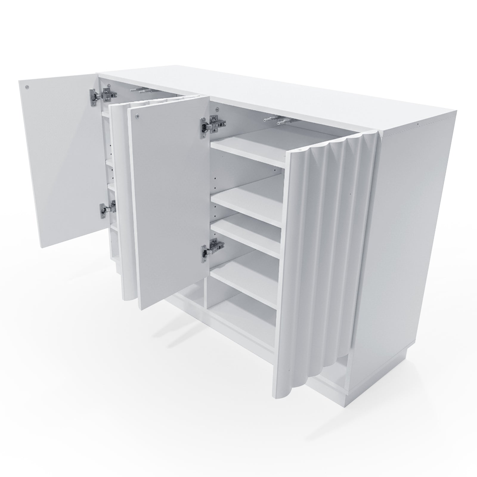 White storage cabinet photographed at an angle on white background with open doors