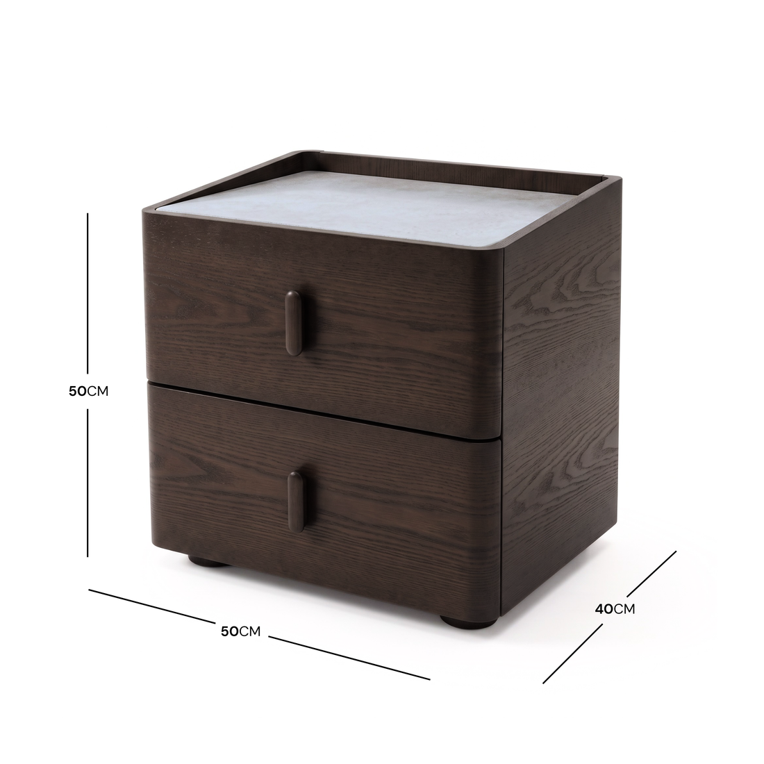 Modern dark wood nightstand with two drawers on a white background showing dimensions.