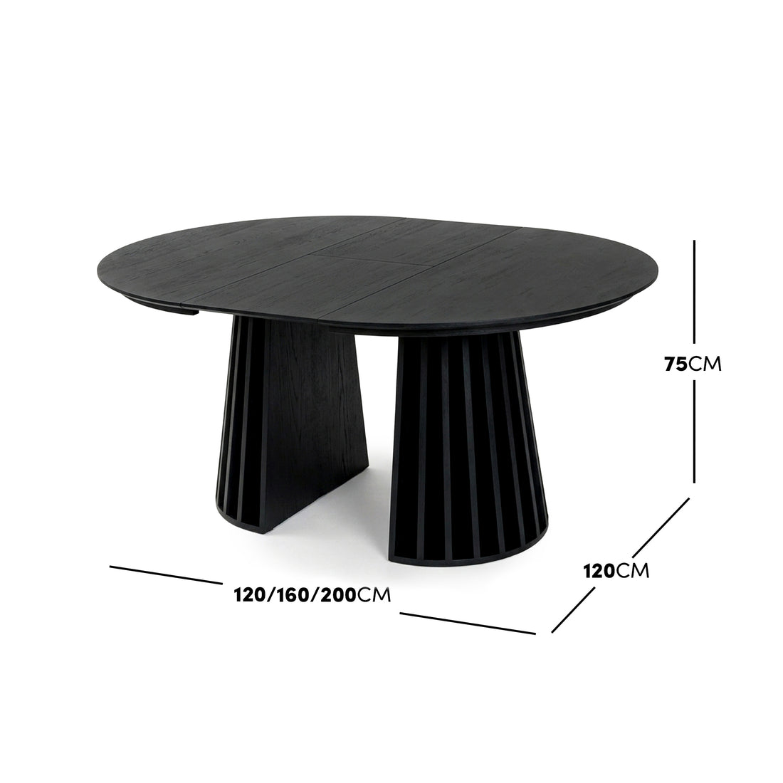 Black oval table on white background with dimension markings