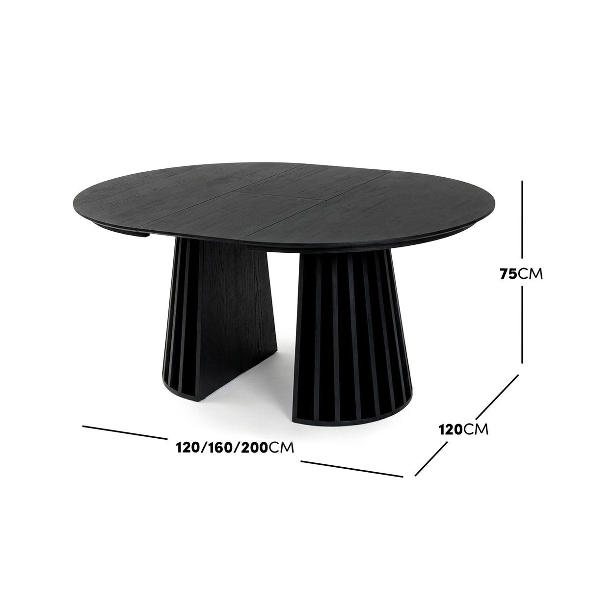 Black oval table on white background with dimension markings