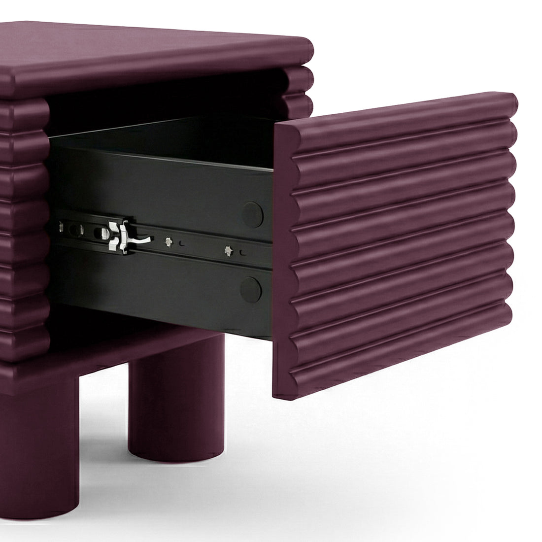 Burgundy ribbed side table on white background with open door revealing interior