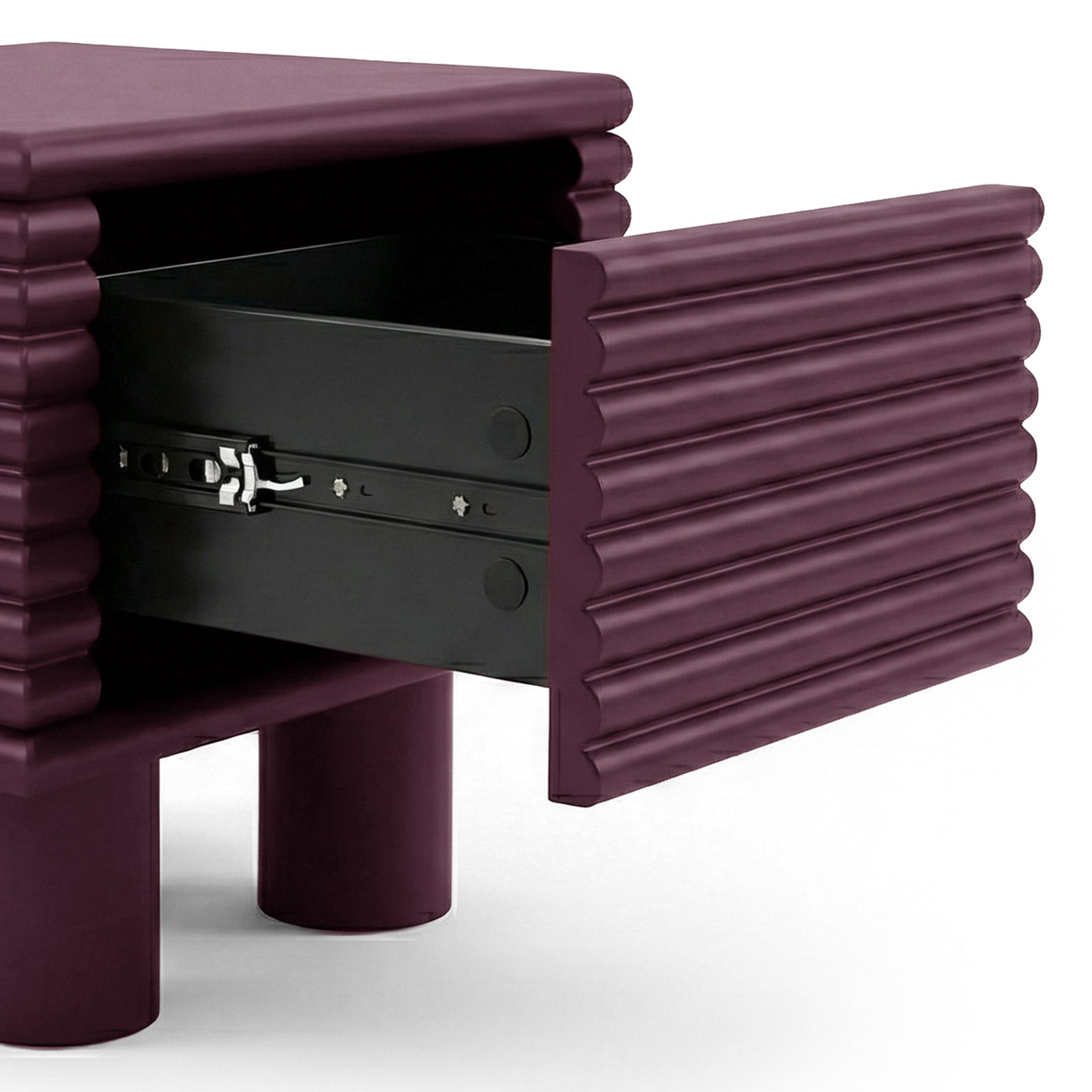 Burgundy ribbed side table on white background with open door revealing interior
