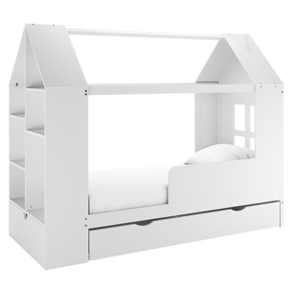 Halden Kids Cubby Bed Storage & Trundle in White: house-shaped bed frame with a roof, guardrails, shelving, cut-out windows, and a pull-out drawer beneath for storage. No people or extra objects.