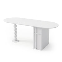 White modern oval table with a geometric pillar leg and stacked sphere leg on a white background