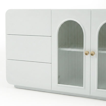 White contemporary sideboard with solid doors and arched glass panels on white background