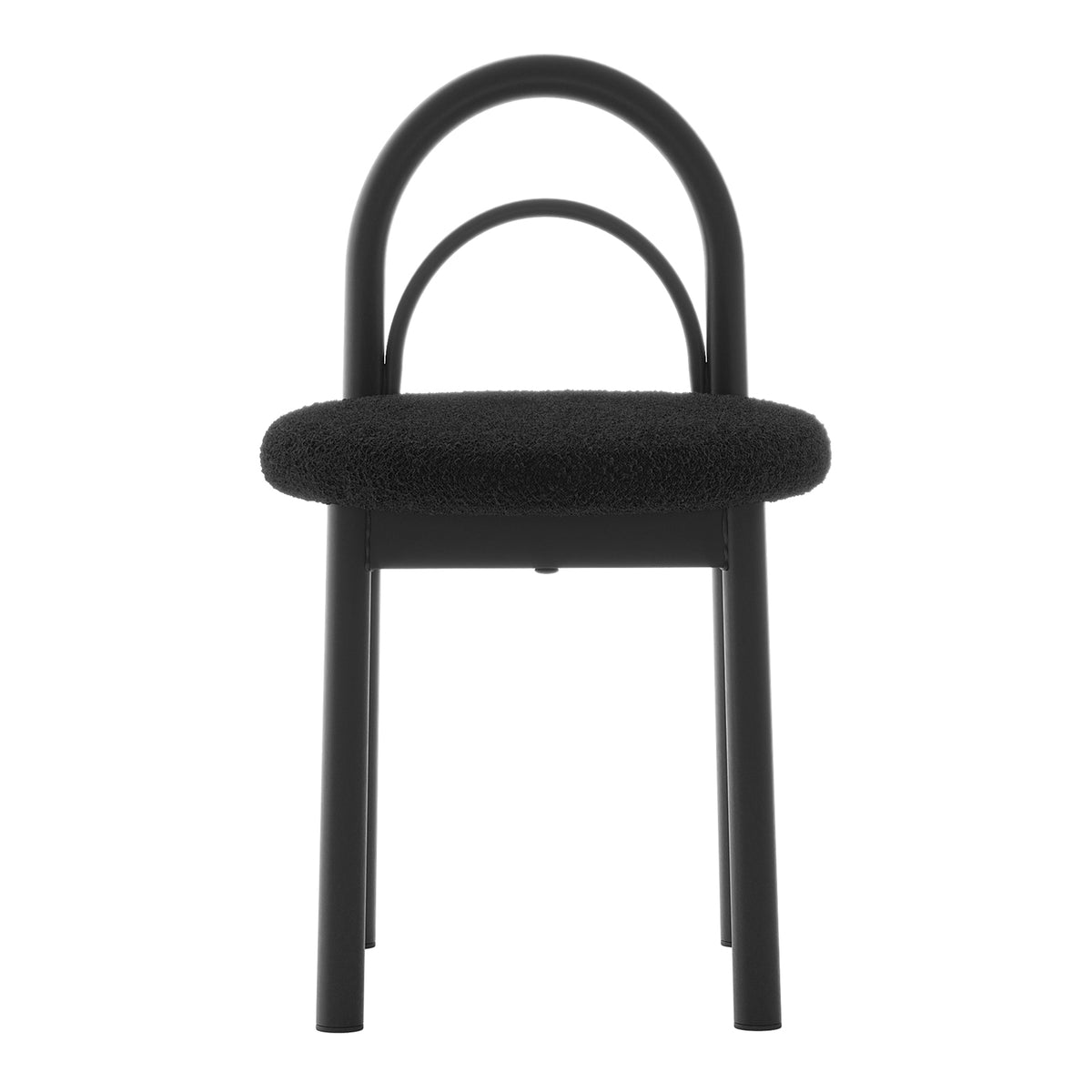 Front view of a modern black chair with rounded metal back supports on a white background