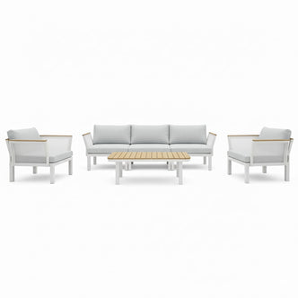 Sierra Outdoor Lounge Set in Grey: Modern three-seat sofa, two armchairs with light gray cushions, and a slatted light-wood coffee table, all framed in sleek white for a resort-style outdoor space.