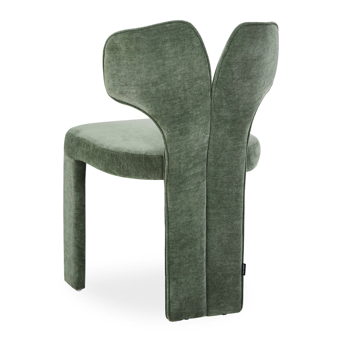 Back view of green upholstered chair on white background