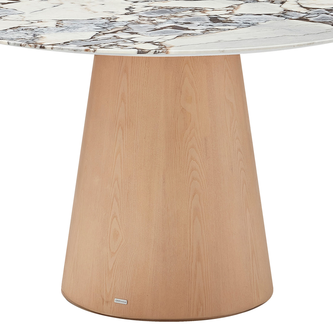 Dina 120cm Round Marble Dining Table features a white marble-look top with brown and gray veining, supported by a tapered, cone-shaped wooden base in a light natural finish.
