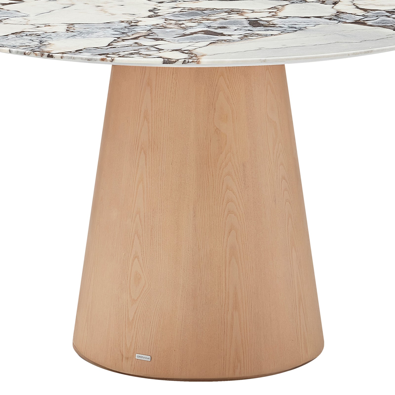 Dina 120cm Round Marble Dining Table features a white marble-look top with brown and gray veining, supported by a tapered, cone-shaped wooden base in a light natural finish.