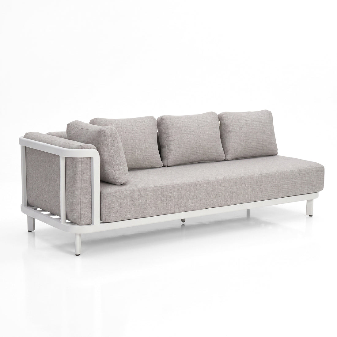 Three-seater sofa with white metal frame and light gray cushions on a white background.