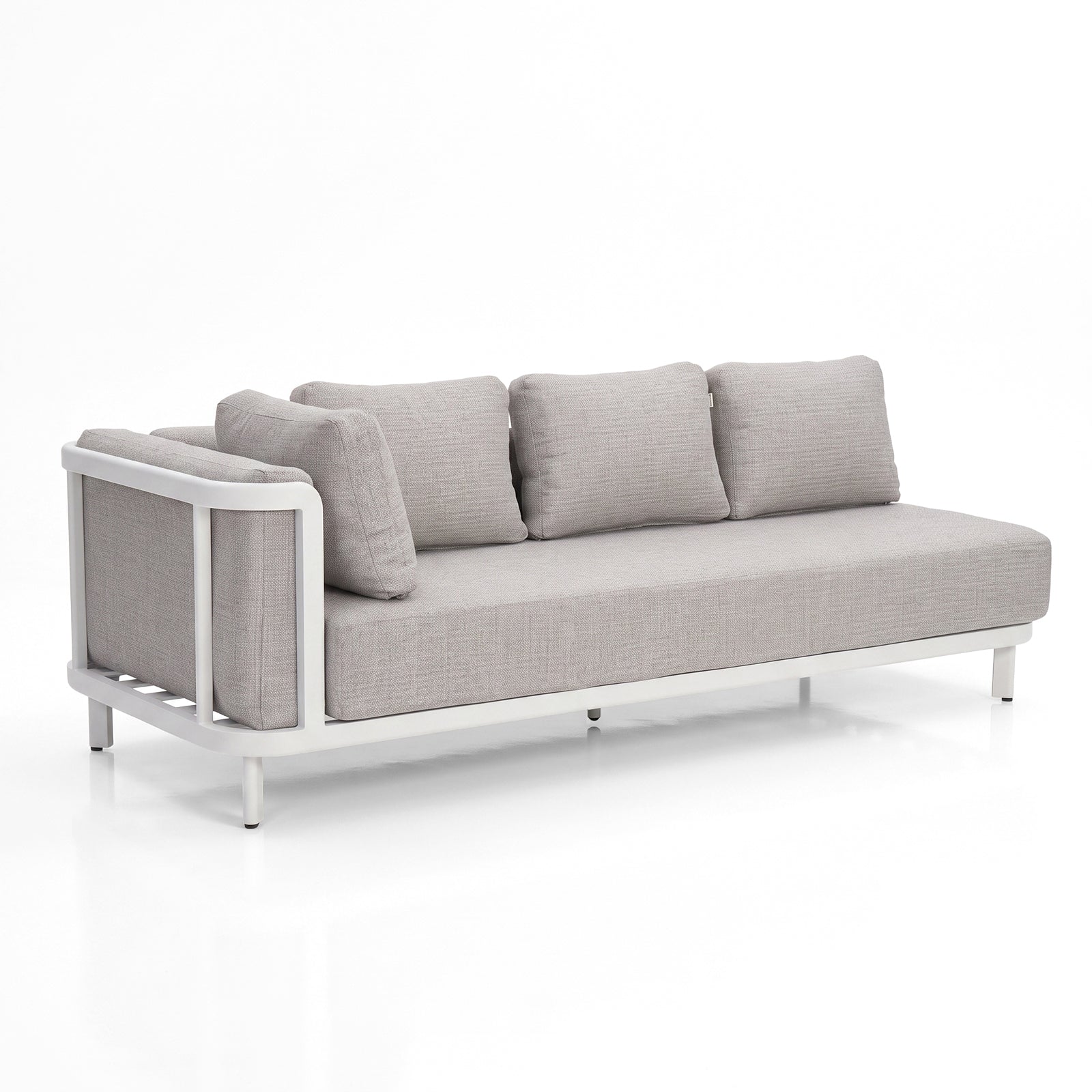 Three-seater sofa with white metal frame and light gray cushions on a white background.