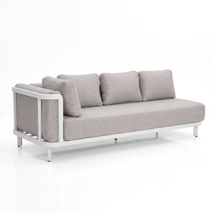 Three-seater sofa with white metal frame and light gray cushions on a white background.