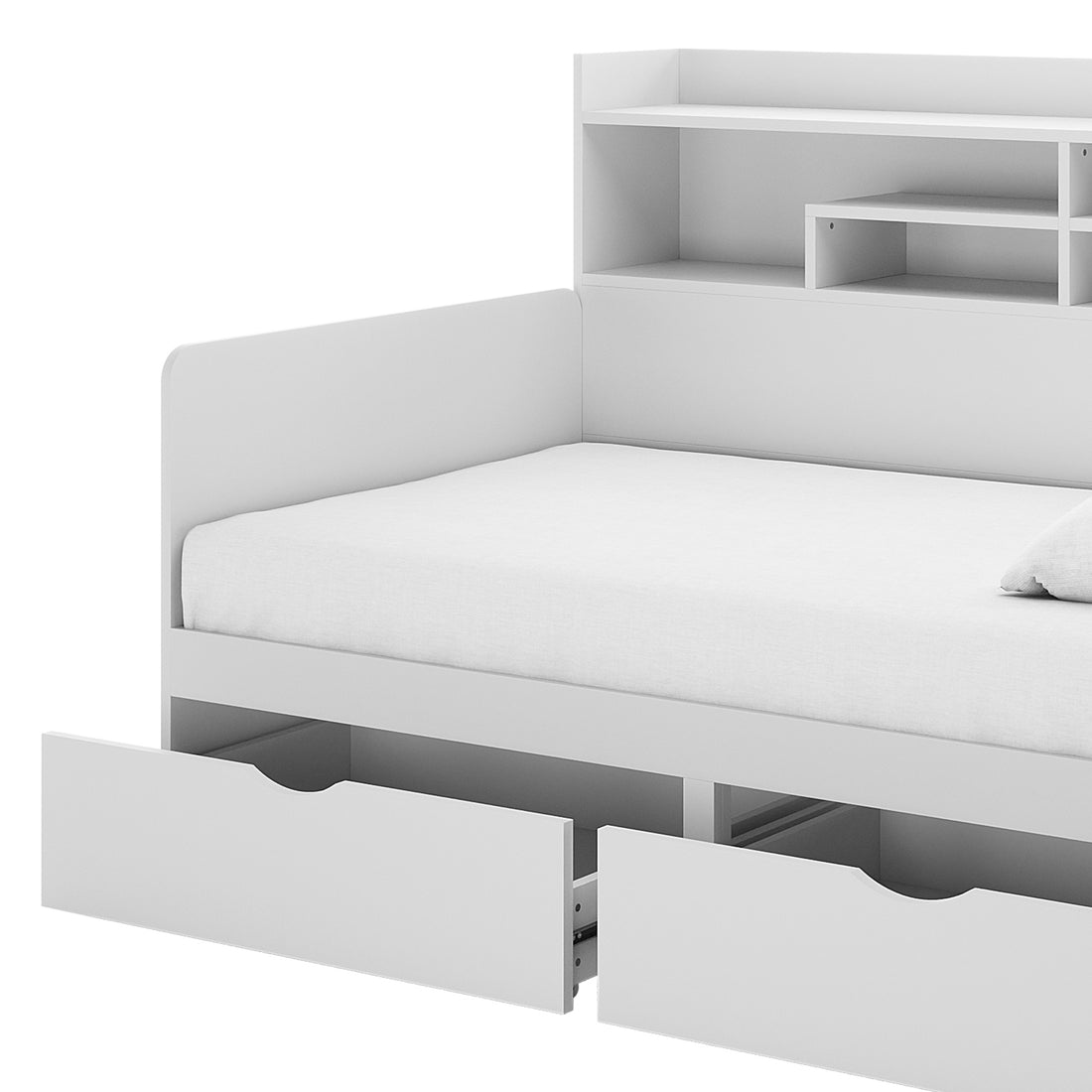 Hally Storage Single Bed with Desk and Drawers in White, featuring a compact design with a headboard shelving unit and two large pull-out drawers beneath, ideal for organized living spaces.