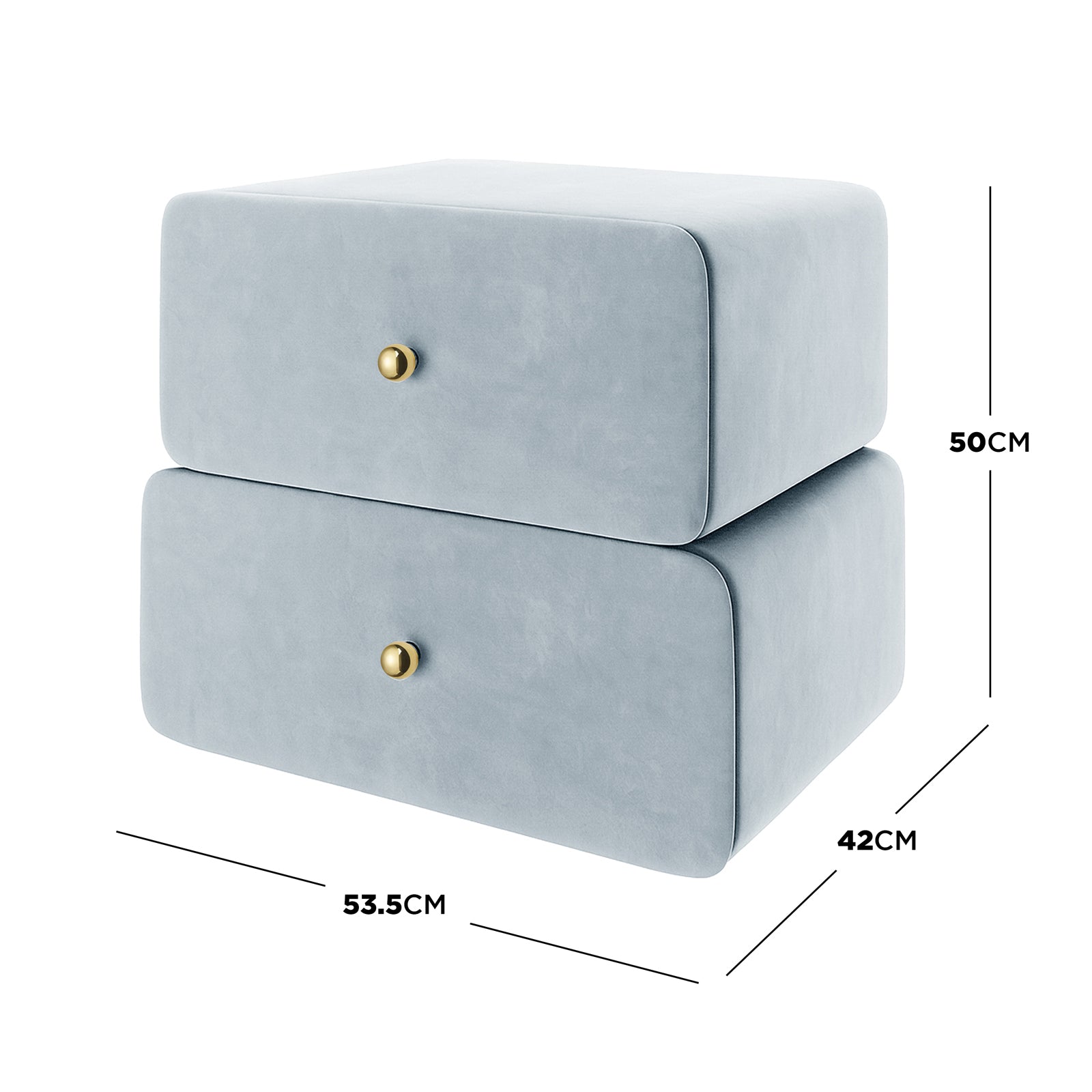 Luxo Tyla Modern Velvet Bedside Table Ice Blue, featuring two stacked, rounded-corner modules with light gray-blue fabric and gold-tone knobs, measuring 53.5 x 42 x 50 cm for a sleek, compact design.