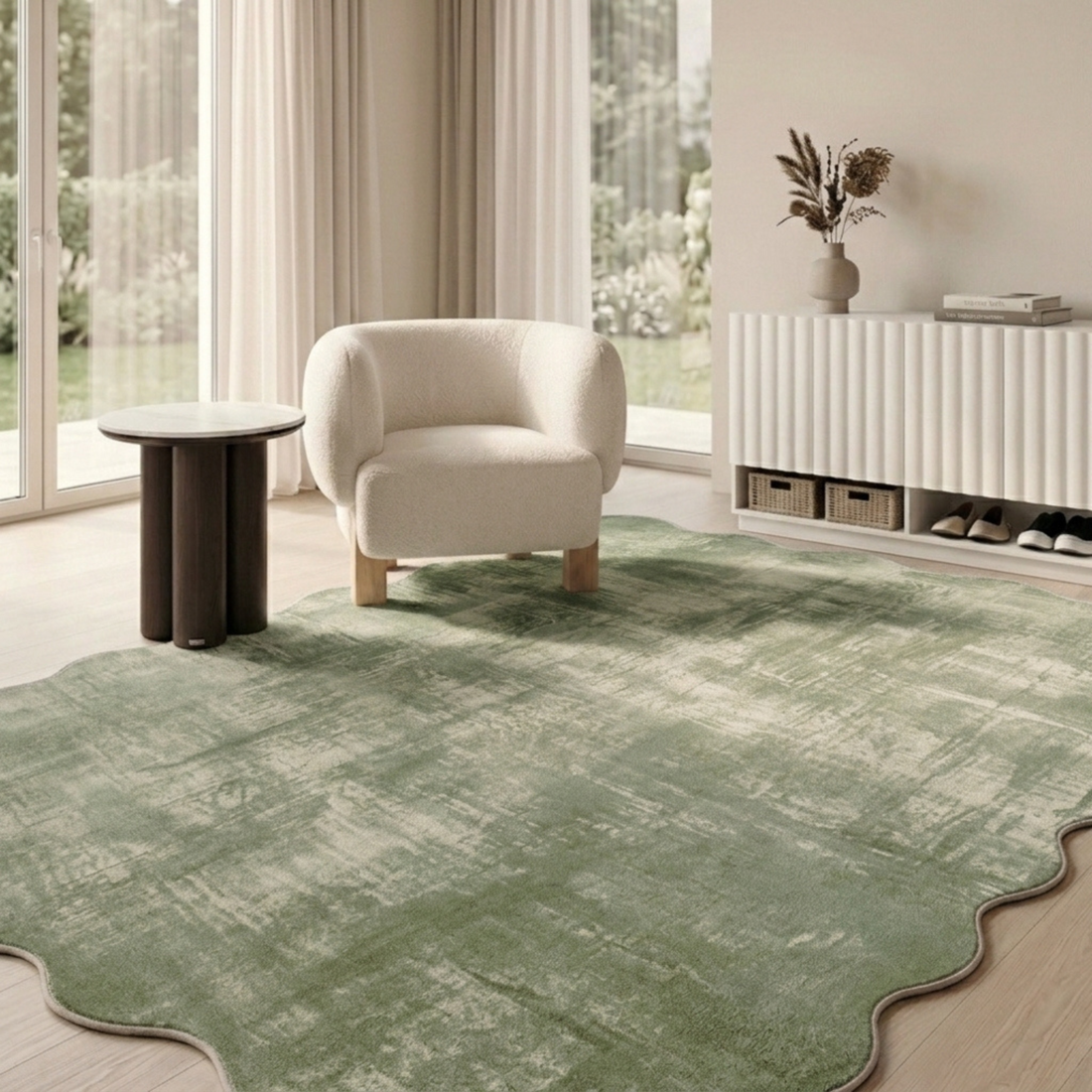 Green irregularly shaped area rug styled in a modern living room with an armchair and side table.