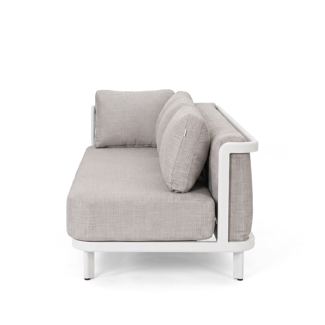 Side portion of a light gray upholstered seating unit with a white metal frame on a white background.