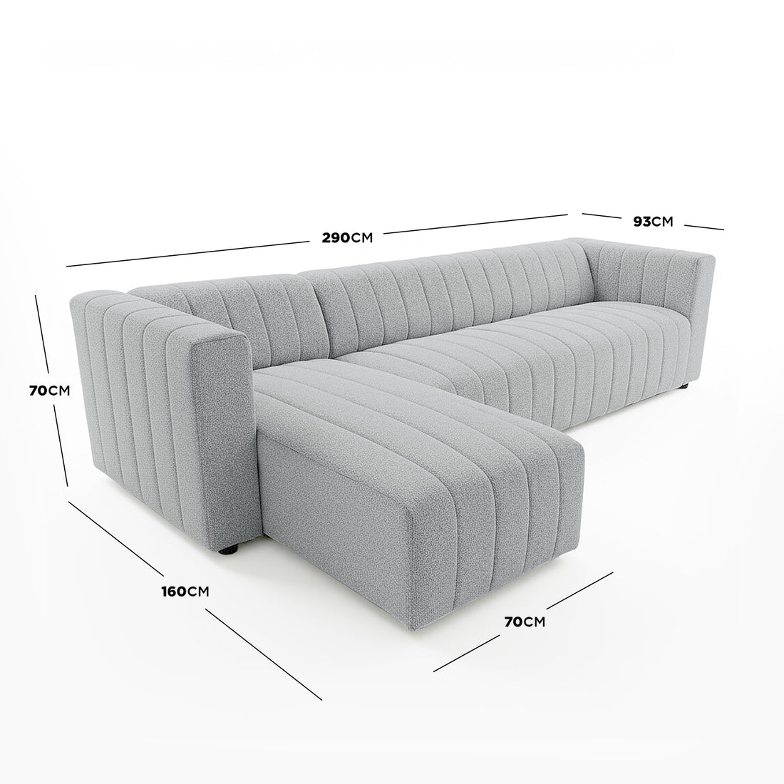 Parisa 4 Seater Tufted Boucle Sofa with Chaise in Light Grey, featuring an L-shape, channel-tufted upholstery, and spacious seating with chaise, highlighted by detailed dimensions for optimal floor planning.
