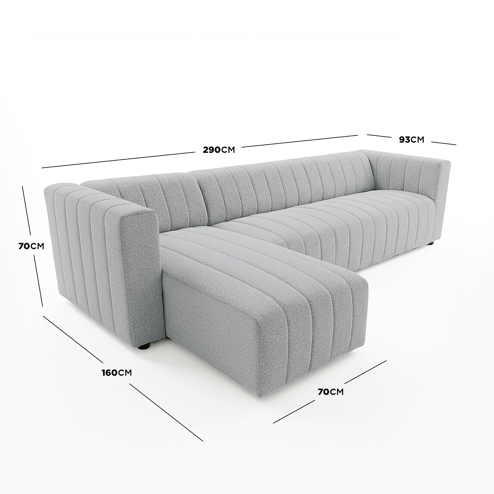 Parisa 4 Seater Tufted Boucle Sofa with Chaise in Light Grey, featuring an L-shape, channel-tufted upholstery, and spacious seating with chaise, highlighted by detailed dimensions for optimal floor planning.