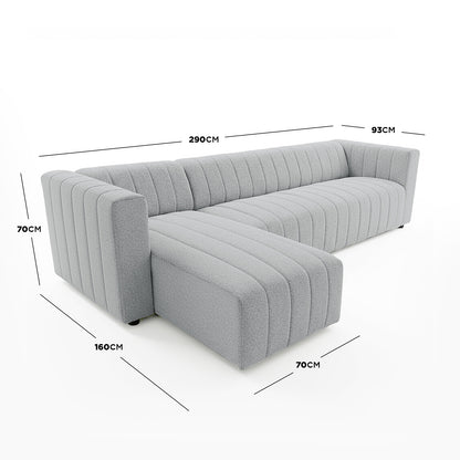Parisa 4 Seater Tufted Boucle Sofa with Chaise in Light Grey, featuring an L-shape, channel-tufted upholstery, and spacious seating with chaise, highlighted by detailed dimensions for optimal floor planning.