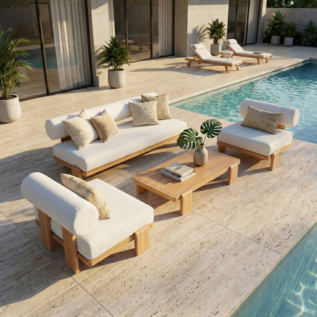 The Modica 5 Seater Aluminium Outdoor Sofa Set in White features a loveseat, two armchairs, and a low coffee table by a pool, surrounded by potted plants on a stone-tiled deck.