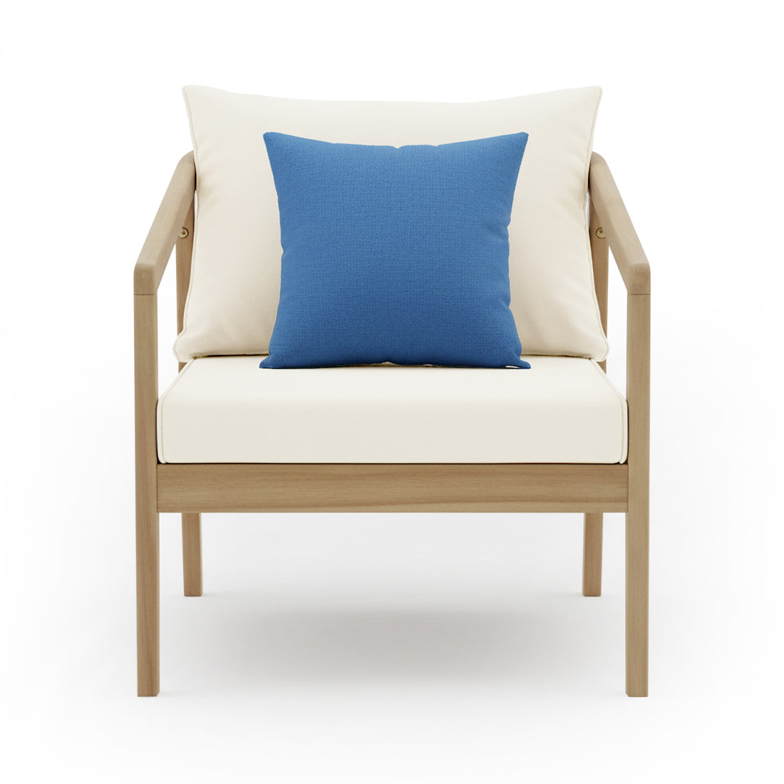 Delva 4 Seater Hardwood Acacia Outdoor Sofa Set in Cream featuring a modern armchair with a light-wood frame, white cushions, and a centered blue throw pillow.