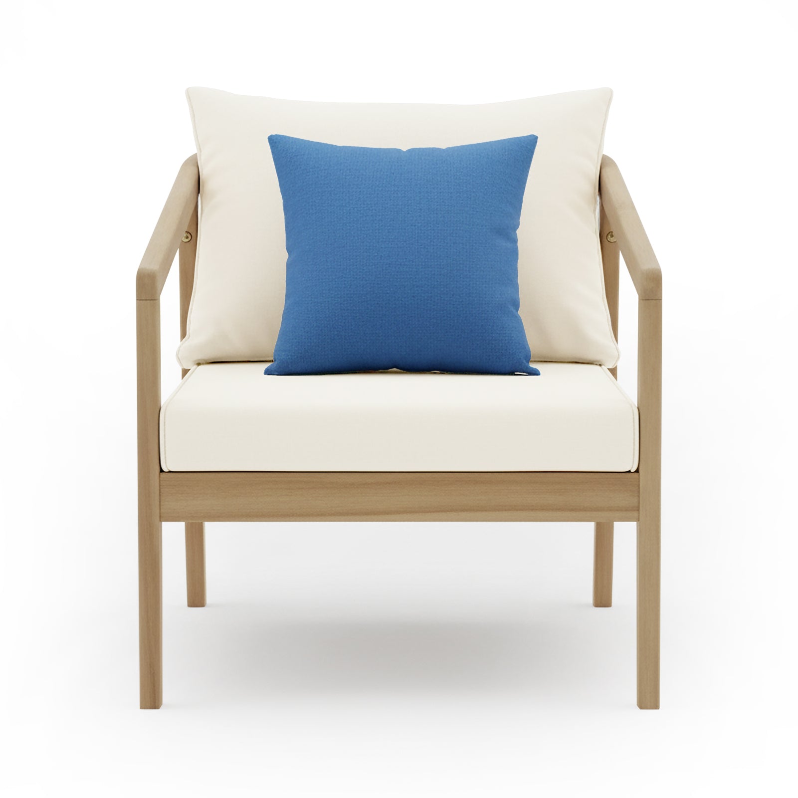 Delva 4 Seater Hardwood Acacia Outdoor Sofa Set in Cream featuring a modern armchair with a light-wood frame, white cushions, and a centered blue throw pillow.