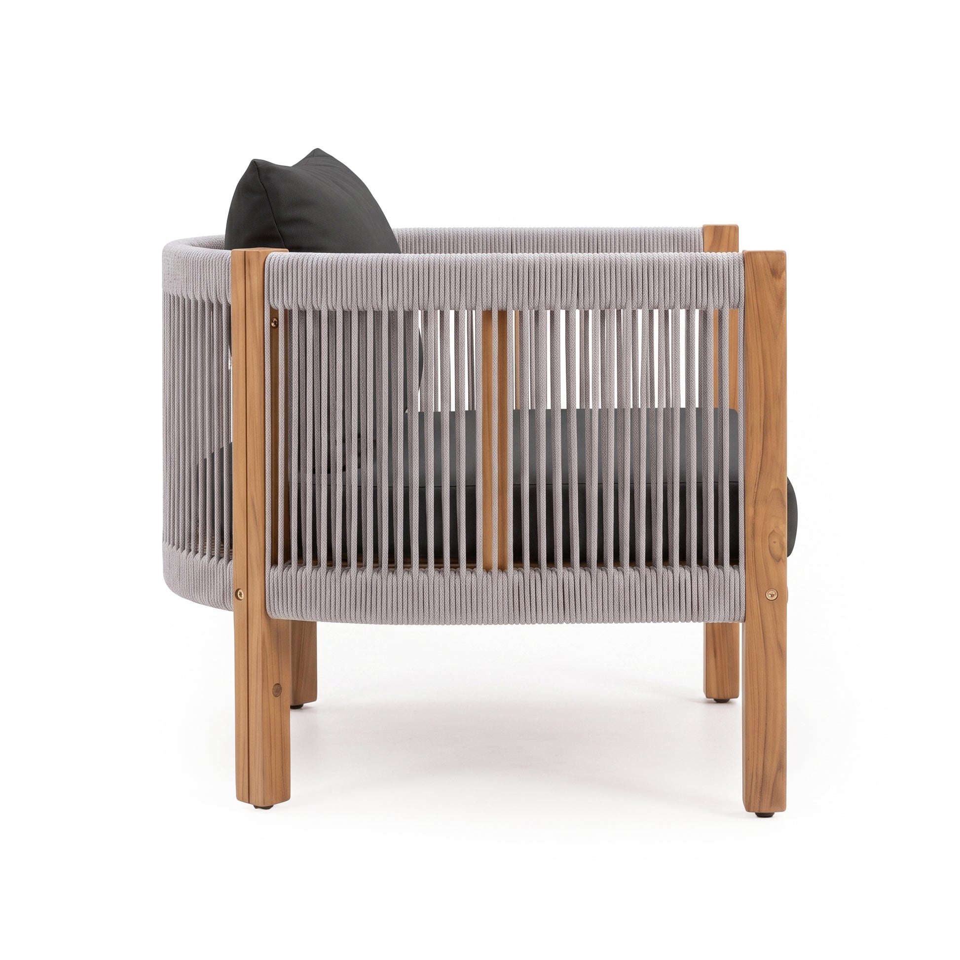 Side view of a modern armchair with rope detailing and black cushions on a white background