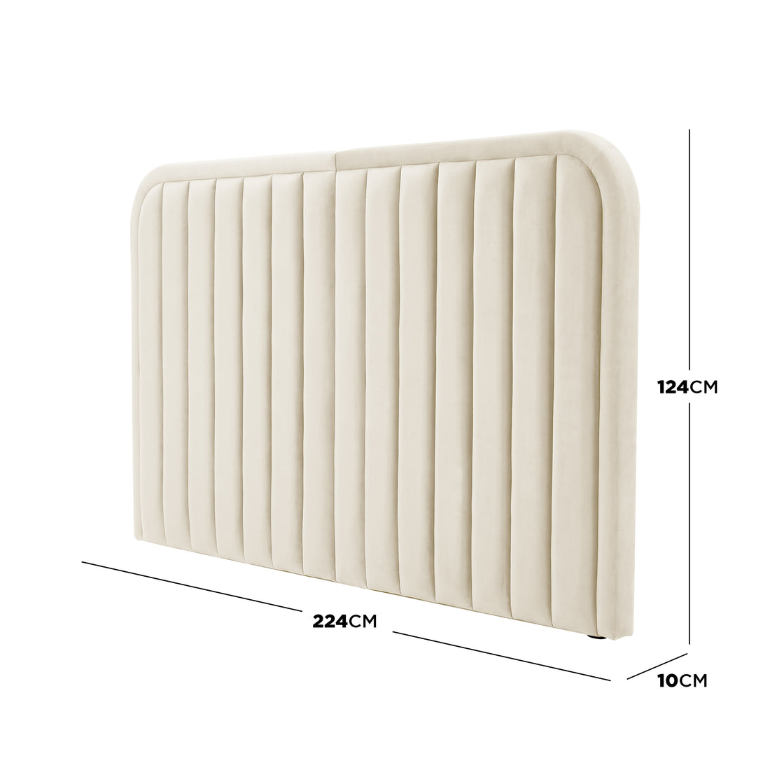 Beige upholstered headboard with dimension labels on white background