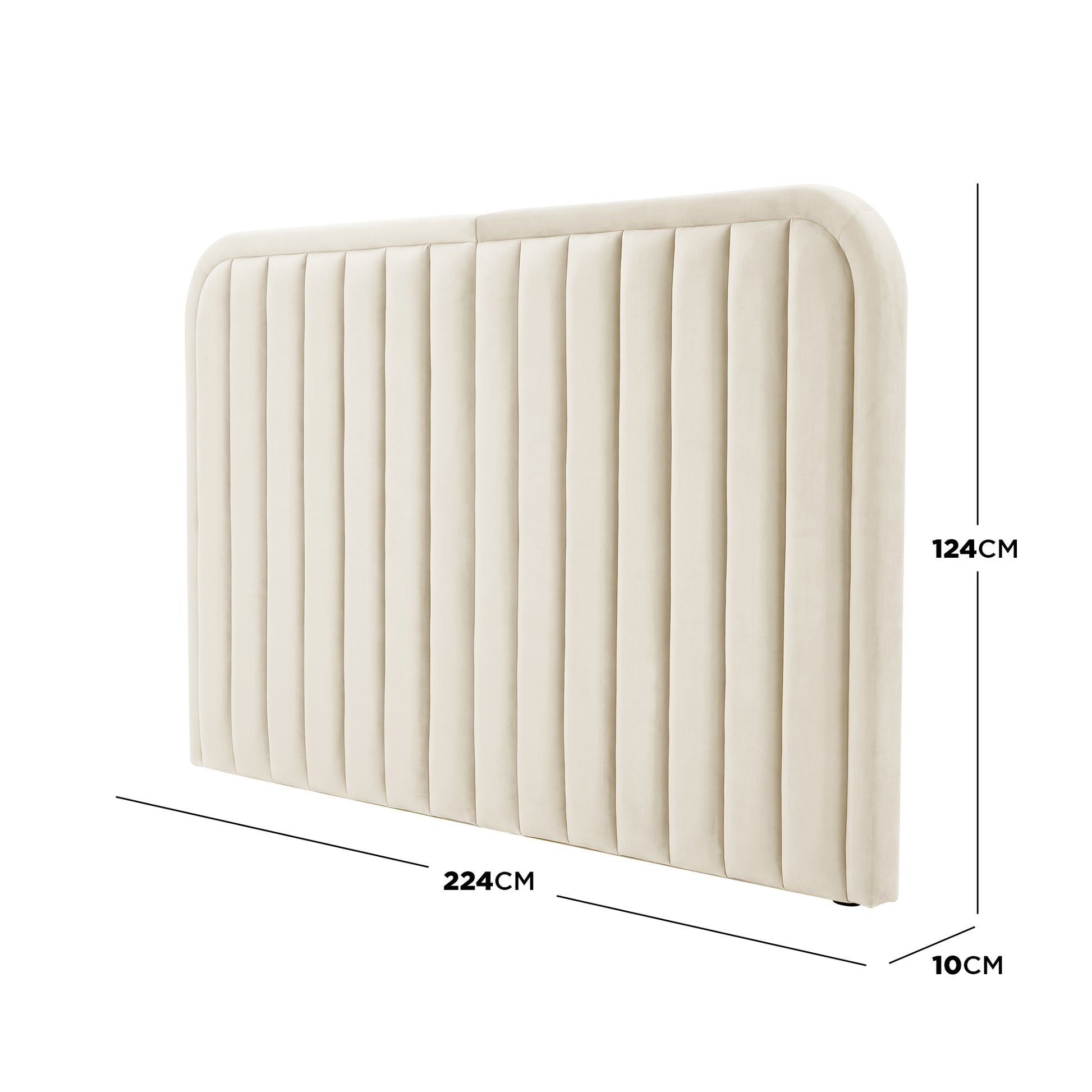 Beige upholstered headboard with dimension labels on white background