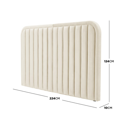 Beige upholstered headboard with dimension labels on white background