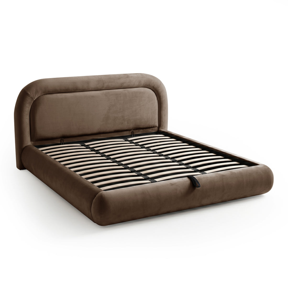 Three-quarter view of a taupe upholstered bed frame with exposed slats