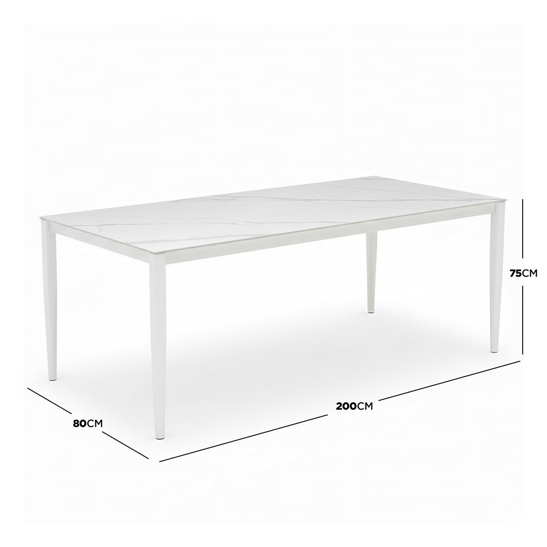 Cabria 9 Piece Sintered Stone Outdoor Dining Set features a 200 cm long white marble-effect table with slim white metal legs, ideal for stylish, low-maintenance alfresco dining.