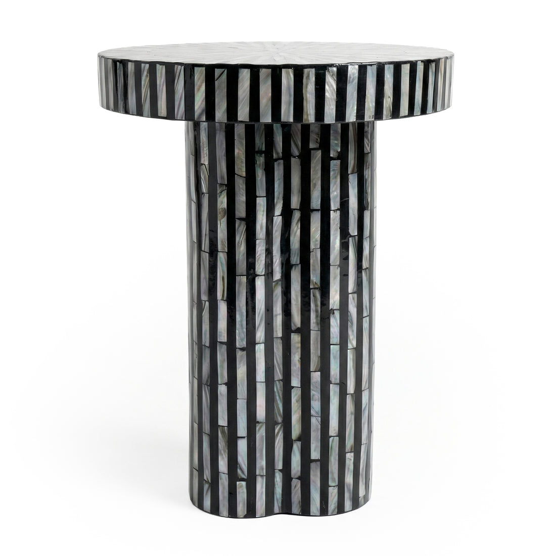 Full view of black and iridescent striped round side table on white background