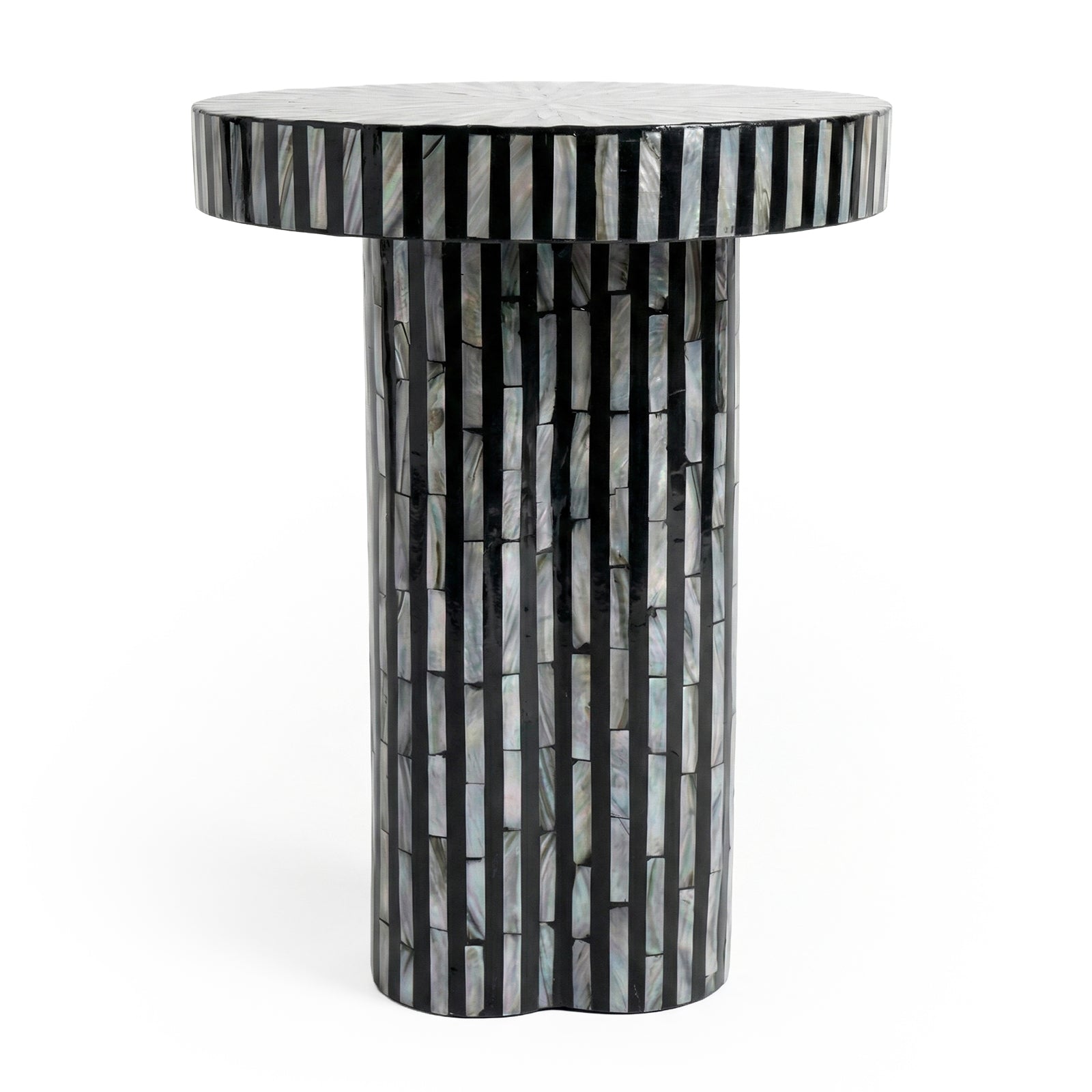 Full view of black and iridescent striped round side table on white background