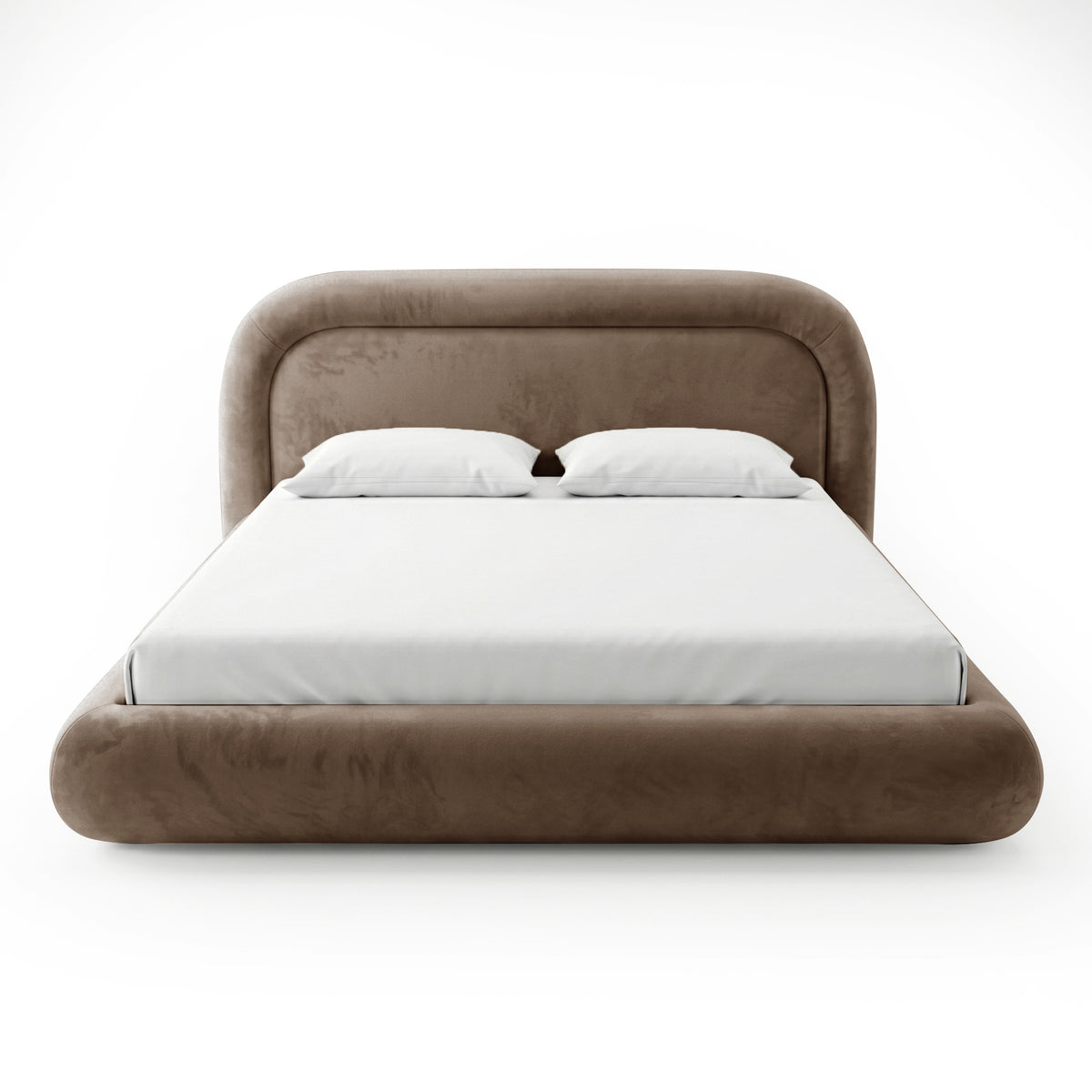 Front view of a rounded taupe upholstered bed with white bedding on a white background