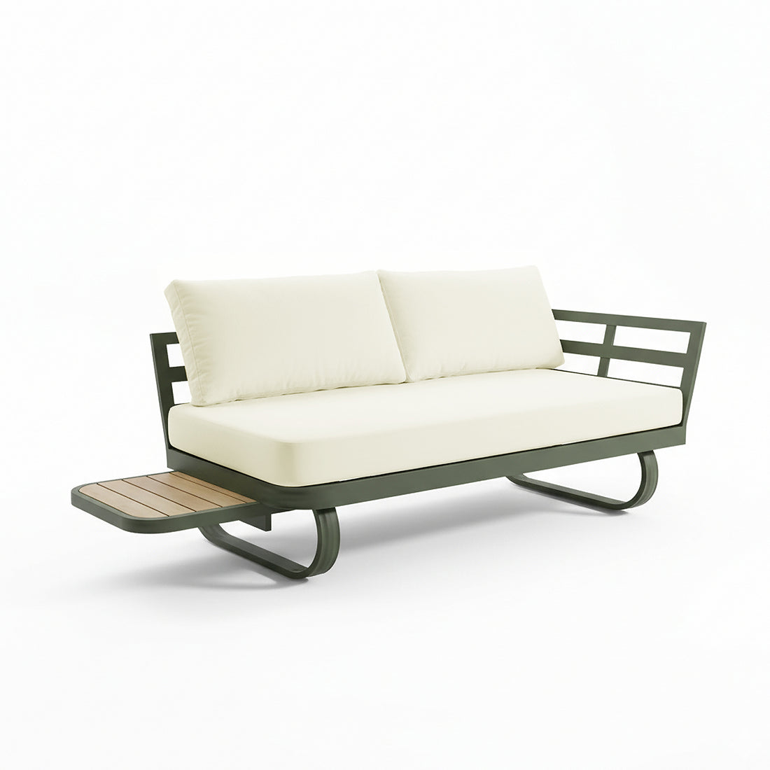 Paloma Modular Outdoor Lounge Set in Olive Green features a modern, tubular metal frame daybed with cream cushions and a slatted wood side shelf, perfect for versatile outdoor relaxation.