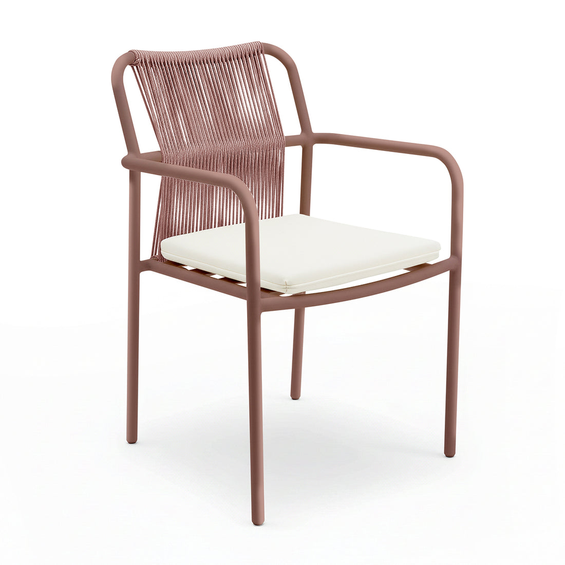 Evone Aluminium Rope Outdoor Dining Chair features a slim, terracotta tubular metal frame, woven-rope backrest, and a white seat cushion, embodying modern coastal style for outdoor dining.